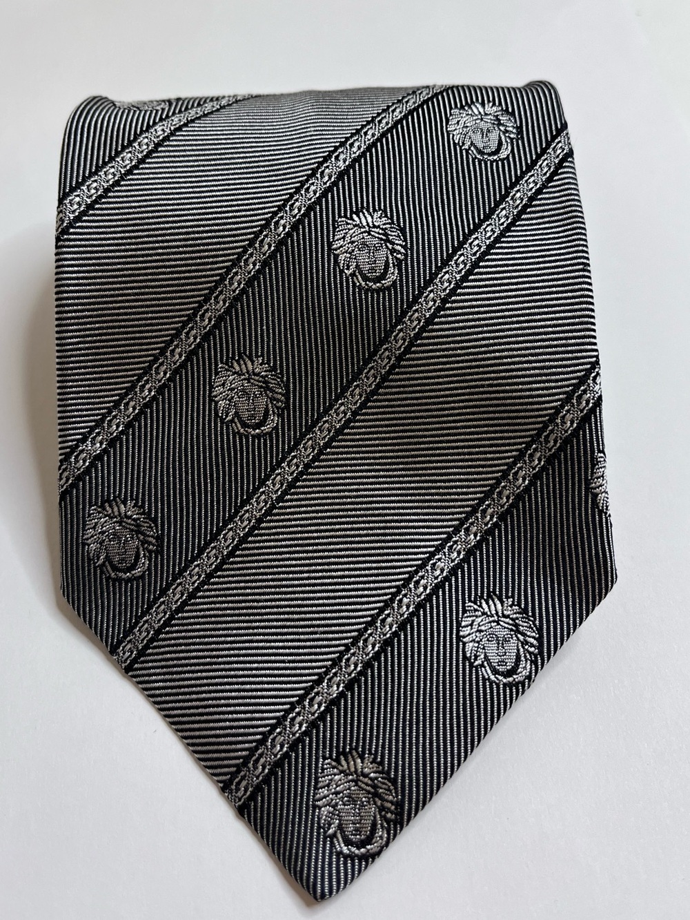 Gianni Versace Vintage Medusa Silk Tie Silver/Grey Striped - Made in Italy